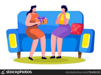 Woman give box with present to her friend, greeting with holiday. Women sitting on sofa in living room at home. Package tied with ribbon and bow with gift inside. Vector illustration in flat style. Woman Surprised to Get Present from Her Friend