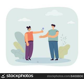 Woman giving flower to man on dating. Happy girl holding surprise love gift flat vector illustration. Romantic relationship, flirt concept for banner, website design or landing web page. Woman giving flower to man on dating