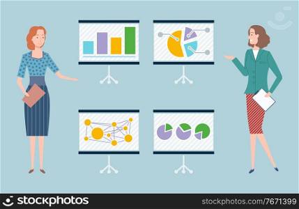 Woman giving presentation on whiteboard vector, lady wearing formal clothes showing boards with diagrams and infographics colored in green and blue. People with Reports on Whiteboard Women at Work