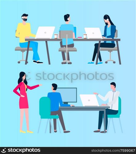 Woman giving tasks to employees vector, man sitting by table working with data and business project flat style. Manger with orders to workers isolated. People at Work, Office with Busy Workers and Boss