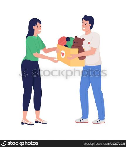 Woman giving to charity semi flat color vector characters. Posing figures. Full body people on white. Humanitarian aid work isolated modern cartoon style illustration for graphic design and animation. Woman giving to charity semi flat color vector characters