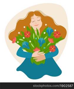 Woman glowing with happiness holding flowers and smiling. Lady cuddling bouquet of tulips and wildflowers. Celebration of special occasion. Womens day or valentines holiday. Vector in flat style. Happy woman cuddling bouquet of flourishing flower