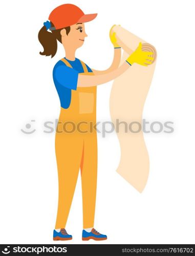 Woman glueing wallpaper, portrait view of handyman character wearing working uniform, gloves and cap wallpapering, remodel of interior, repair vector. Girl Worker Wallpapering, Holding Roll Vector