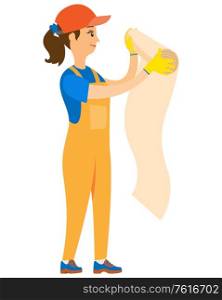 Woman glueing wallpaper, portrait view of handyman character wearing working uniform, gloves and cap wallpapering, remodel of interior, repair vector. Girl Worker Wallpapering, Holding Roll Vector