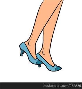 woman goes close-up feet in shoes. Comic cartoon pop art retro vector illustration drawing. woman goes close-up feet in shoes