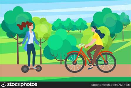 Woman going on bicycle by road, female balancing on scooter, people activity on eco transport outdoor, leisure in park, green trees, driving vector. Women on Segway, Bicycle in Park, Leisure Vector