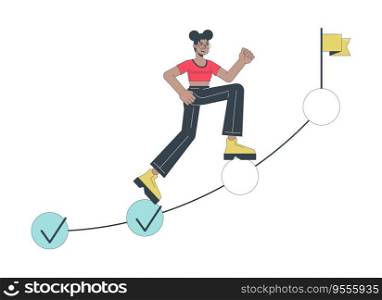 Woman going up on milestones flat line concept vector spot illustration. Achieving goals 2D cartoon outline character on white for web UI design. Productivity editable isolated color hero image. Woman going up on milestones flat line concept vector spot illustration