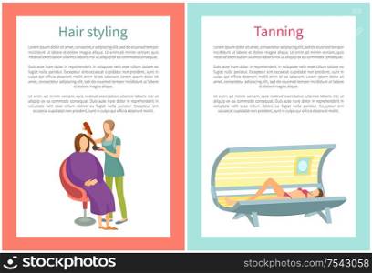 Woman hair styling and tanning in spa salon. Hairdresser making haircut and woman sunbathing by ultraviolet radiation to produce cosmetic tan vector. Woman Hair Styling and Tanning in Spa Salon Vector