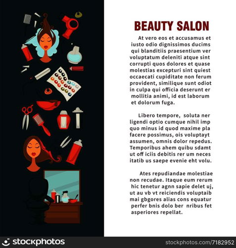 Woman hairdresser beauty salon poster flat design for hair coloring and styling. Vector icons of professional coiffeur color dye, hairbrush comb, colorant and color palette in hairdressing salon. Woman hairdresser beauty salon poster flat design for hair coloring and styling.