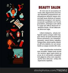 Woman hairdresser beauty salon poster flat design for hair coloring and styling. Vector icons of professional coiffeur color dye, hairbrush comb, colorant and color palette in hairdressing salon. Woman hairdresser beauty salon poster flat design for hair coloring and styling.