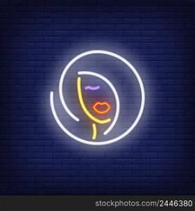 Woman hairstyle logo neon sign. Hairdressing salon, style and fashion concept. Advertisement design. Night bright colorful billboard, light banner. Vector illustration in neon style.