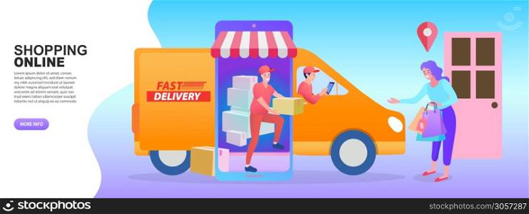 Woman hand accepting a delivery of boxes from deliveryman. Online delivery service concept. delivery man, on mobile. Vector illustration.