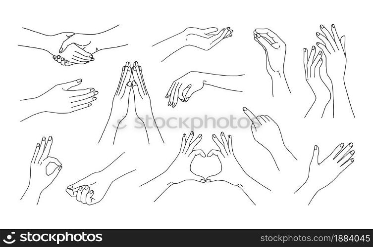 Woman hand gestures. Doodle line female arms graphic sketches for social media post and beauty cosmetic advertising. Handshaking and finger love symbol. Vector isolated silhouette human body parts set. Woman hand gestures. Doodle line female arms sketches for social media post and beauty cosmetic advertising. Handshaking and finger love symbol. Vector silhouette human body parts set
