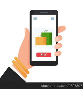 Woman hand holding smartphone. Online shopping. vector illustration