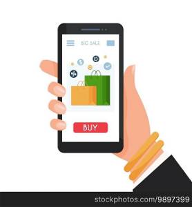 Woman hand holding smartphone. Online shopping. vector illustration