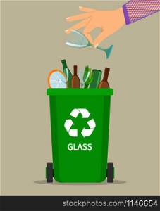 Woman hand throws garbage into a glass container, vector illustration. Woman hand throws glass garbage