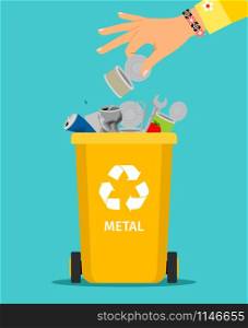 Woman hand throws garbage into a metal container, vector illustratin. Woman hand throws metal garbage