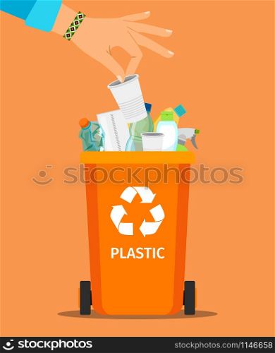 Woman hand throws garbage into a plastic container, vector illustration. Woman hand throws garbage