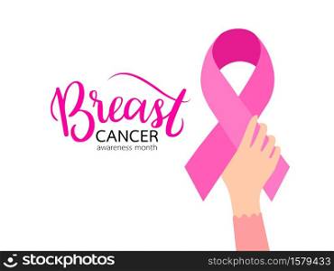 Woman hand with pink ribbon symbol. Breast Cancer Awareness Month Campaign. Vector Illustration.