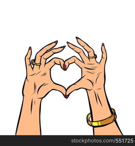 woman hands gesture heart love romance Valentine day. Comic cartoon pop art vector retro vintage drawing. woman hands gesture heart love romance Valentine day