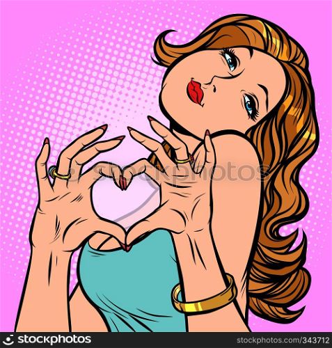 woman hands heart, love and romance. Comic cartoon pop art vector retro vintage drawing. woman hands heart, love and romance
