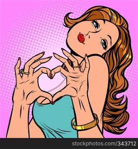 woman hands heart, love and romance. Comic cartoon pop art vector retro vintage drawing. woman hands heart, love and romance