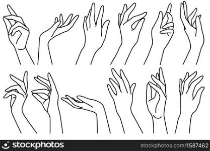 Woman hands line. Outline drawn female different position elegant beauty hands icons collection, trendy minimalistic illustration. Simple fashion logo tattoo design manicure symbol vector isolated set. Woman hands line. Outline drawn female different position elegant hands icons collection, trendy minimalistic illustration. Simple logo tattoo design manicure symbol vector isolated set