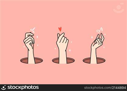 Woman hands show from holes with heart, music symbols. Female arm holding different signs. Flat vector illustration, cartoon character. . Woman hands from holes showing symbols