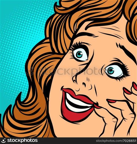 woman happiness face. Comic cartoon pop art retro vector illustration hand drawing. woman happiness face