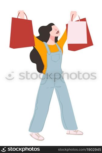 Woman happy of purchases, isolated female character holding bags bought on sale or discount in shop or store. Consumerism and advertisements, boutique for ladies with outfits. Vector in flat style. Female character with bags shopping in mall vector