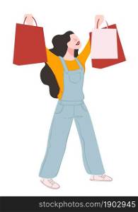Woman happy of purchases, isolated female character holding bags bought on sale or discount in shop or store. Consumerism and advertisements, boutique for ladies with outfits. Vector in flat style. Female character with bags shopping in mall vector