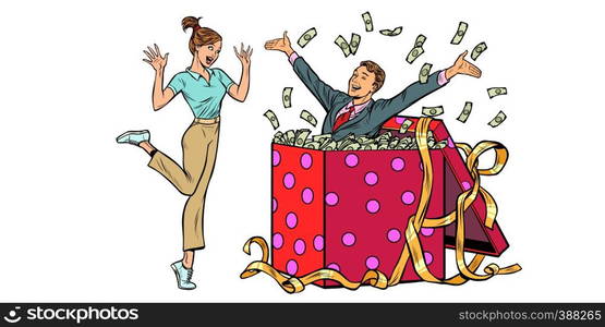 woman happy surprise. man with money gift. isolate on white background. Pop art retro vector illustration kitsch vintage. woman happy surprise. man with money gift. isolate on white background