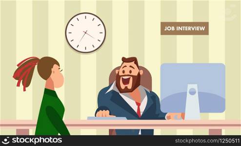 Woman have Job Interview with Happy Office Manager. Employee Character on Chair. Leader or Boss in Suit Sit at Computer on Work Desk. Man Talk, Ask Question. Cartoon Flat Vector Illustration. Woman have Job Interview with Happy Office Manager