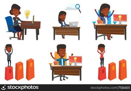 Woman having a business idea. Young businesswoman working on a laptop on a new business idea. Successful business idea concept. Set of vector flat design illustrations isolated on white background.. Vector set of business characters.