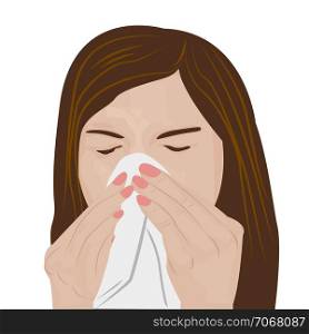 Woman having a cold flu, influenza or allergy sneezing and feeling unwell vector illustration