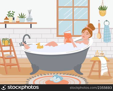 Woman having bathroom with foam and reading book. Female character relaxing with burning candles and aroma therapy. Girl enjoying body care with bubbles in home interior vector illustration. Woman having bathroom with foam and reading book. Female character relaxing with burning candles and aroma therapy