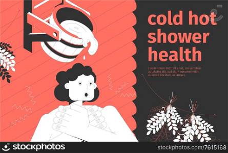 Woman having cold shower after sauna 3d isometric vector illustration