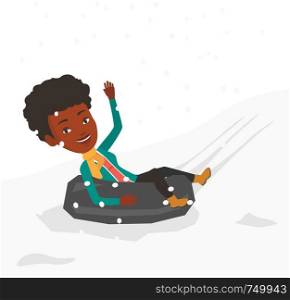 Woman having fun while sledding on snow rubber tube in mountains. Woman riding on snow rubber tube. Woman sitting in snow rubber tube. Vector flat design illustration isolated on white background.. Woman sledding on snow rubber tube in mountains.