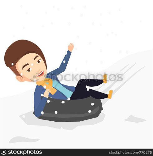 Woman having fun while sledding on snow rubber tube in mountains. Woman riding on snow rubber tube. Woman sitting in snow rubber tube. Vector flat design illustration isolated on white background.. Woman sledding on snow rubber tube in mountains.