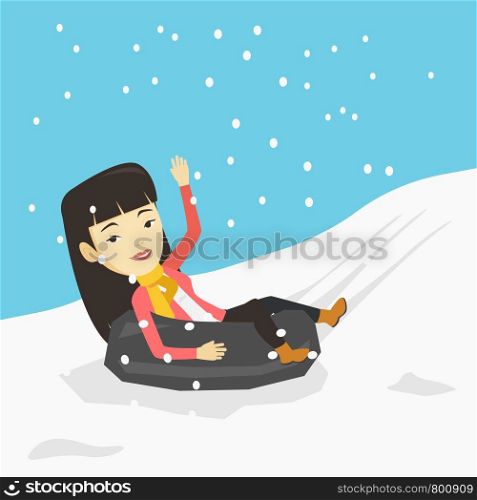 Woman having fun while sledding on snow rubber tube. Woman riding on snow rubber tube. Girl sitting in snow rubber tube. Winter leisure activity concept. Vector flat design illustration. Square layout. Woman sledding on snow rubber tube in mountains.