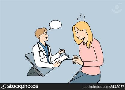 Woman having online consultation with doctor on gadget. Female patient talk with therapist or medical specialist on internet. Remote medicine. Vector illustration.. Woman have online consultation with doctor