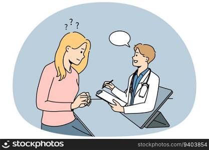 Woman having online consultation with doctor on gadget. Female patient talk with therapist or medical specialist on internet. Remote medicine. Vector illustration.. Woman have online consultation with doctor