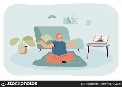 Woman having online yoga class. Female character watching live video via laptop and doing exercises at home flat vector illustration. Health, education, modern technology, leisure activity concept