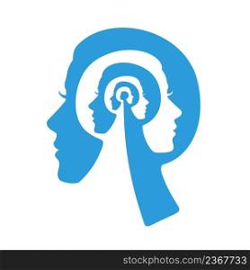 Woman head psychology, mental health and personality vector concept with woman face profile silhouettes. Woman mind, psychotherapy or mental disorder, identity crisis, thoughts and memory. Woman head psychology, mental health concept