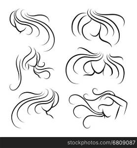 Woman head silhouettes with long hair. Woman head silhouettes with long hair isolated on white. Vector illustration