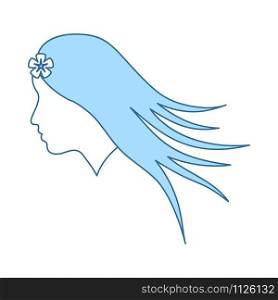 Woman Head With Flower In Hair Icon. Thin Line With Blue Fill Design. Vector Illustration.