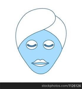 Woman Head With Moisturizing Mask Icon. Thin Line With Blue Fill Design. Vector Illustration.
