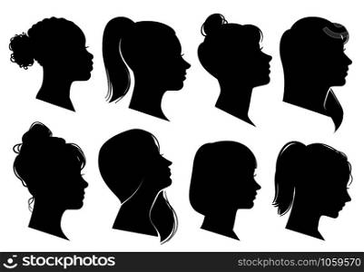 Woman heads in profile. Beautiful female faces profiles, black silhouette outline avatars, anonymous portraits with hairstyle isolated vector elegance fashion set. Woman heads in profile. Beautiful female faces profiles, black silhouette outline avatars, anonymous portraits with hairstyle vector set