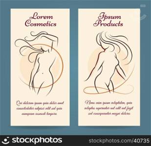 Woman health, skin, hair and body care brochure template. Beauty long haired woman silhouettes drawn in a linear sketch style and place for text. Vector illustration