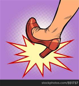 woman heel kick. Comic cartoon pop art retro vector illustration drawing. woman heel kick